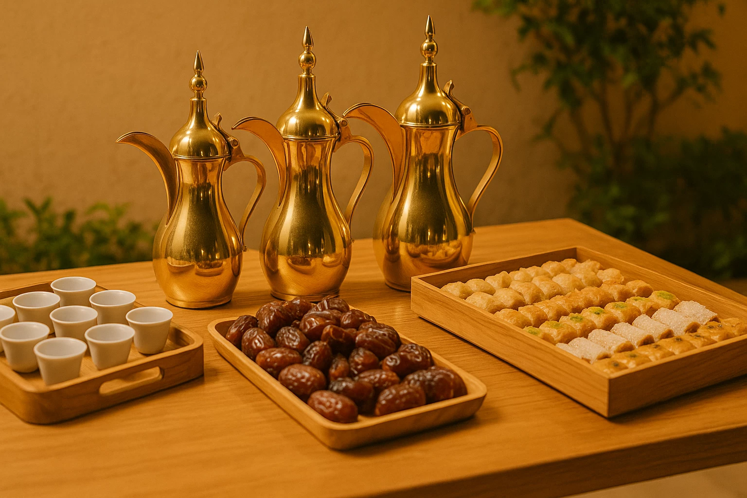 خدمة القهوة العربية الأصيلة مع الدلة والتمر والحلويات التراثية